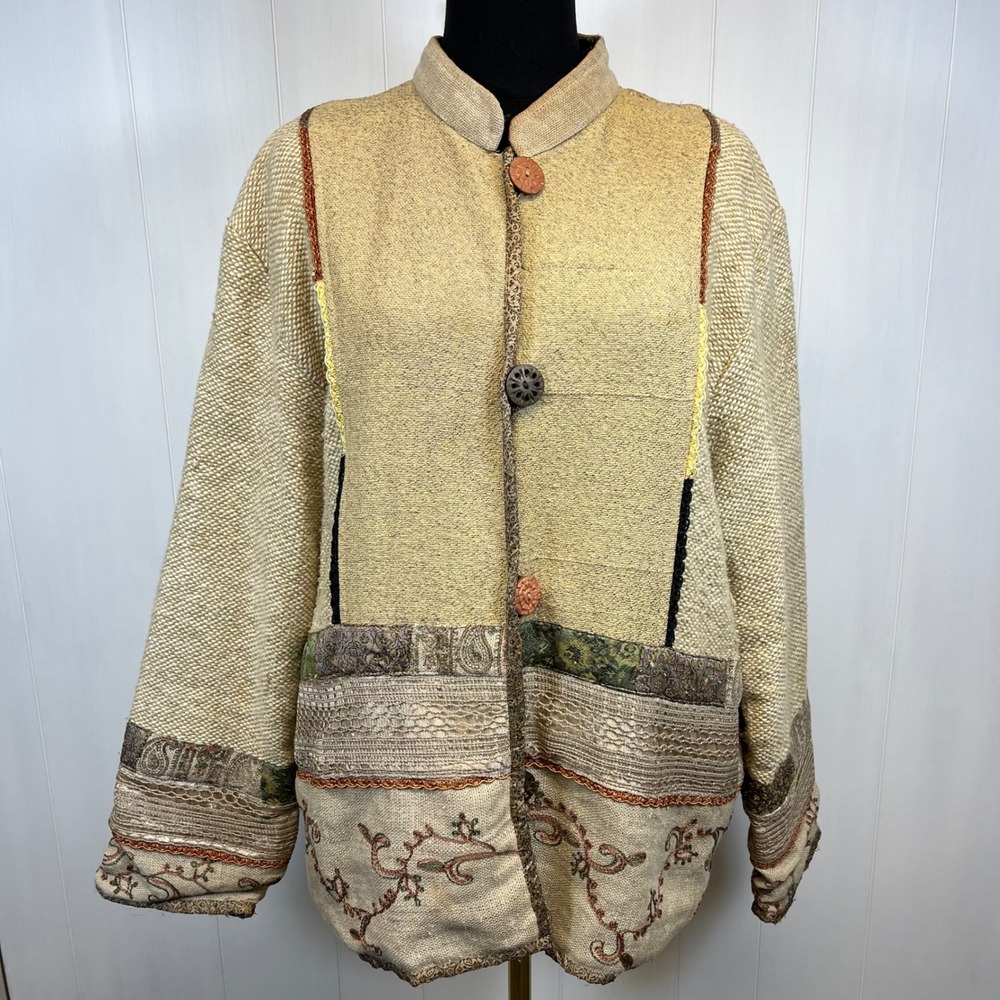 Dressbarn Embroidered Patchwork Mandarin Collar Jacket Large Art to Wear Texture